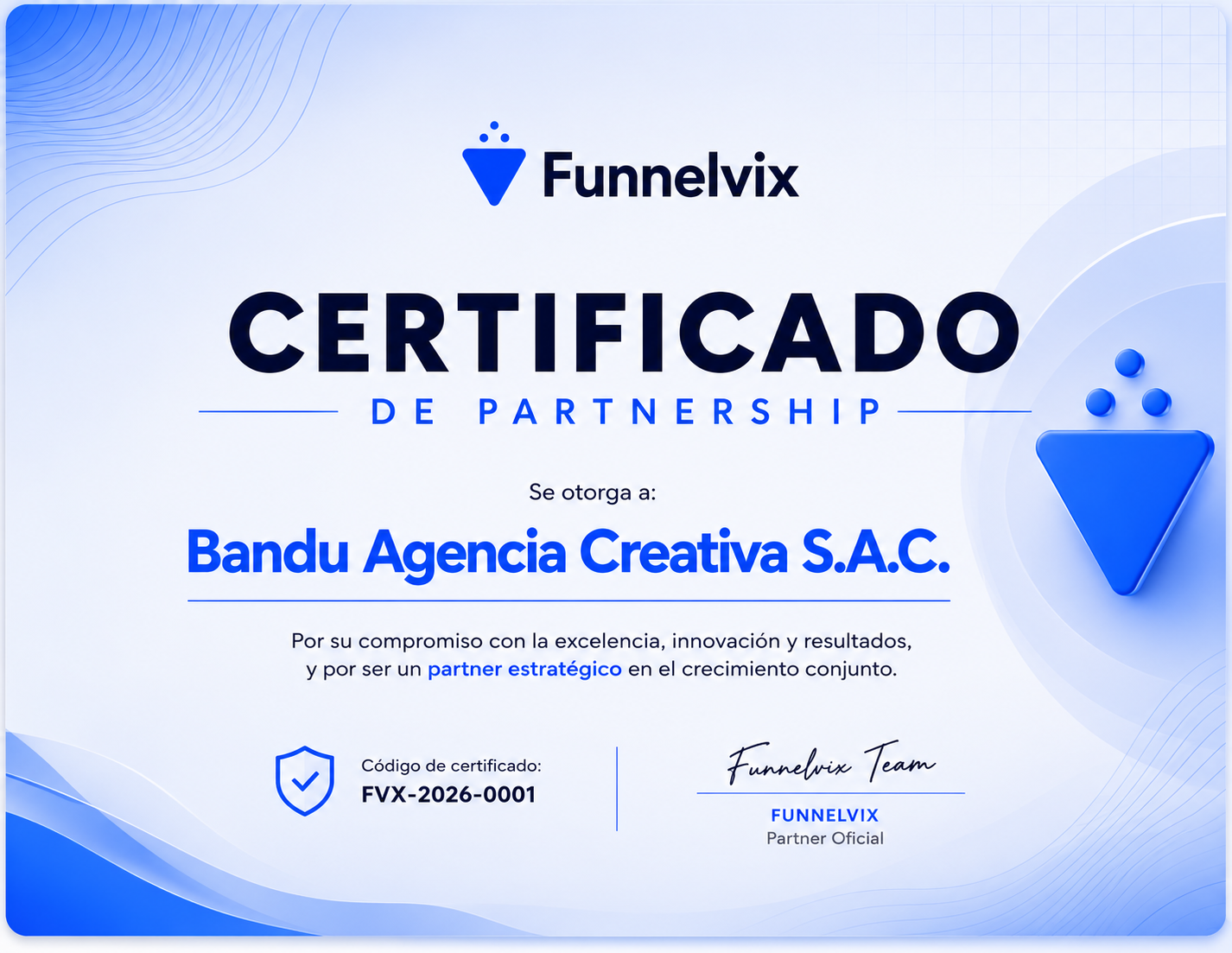 Certificado de partnership Funnelvix de Bandu Agencia Creativa S.A.C.
