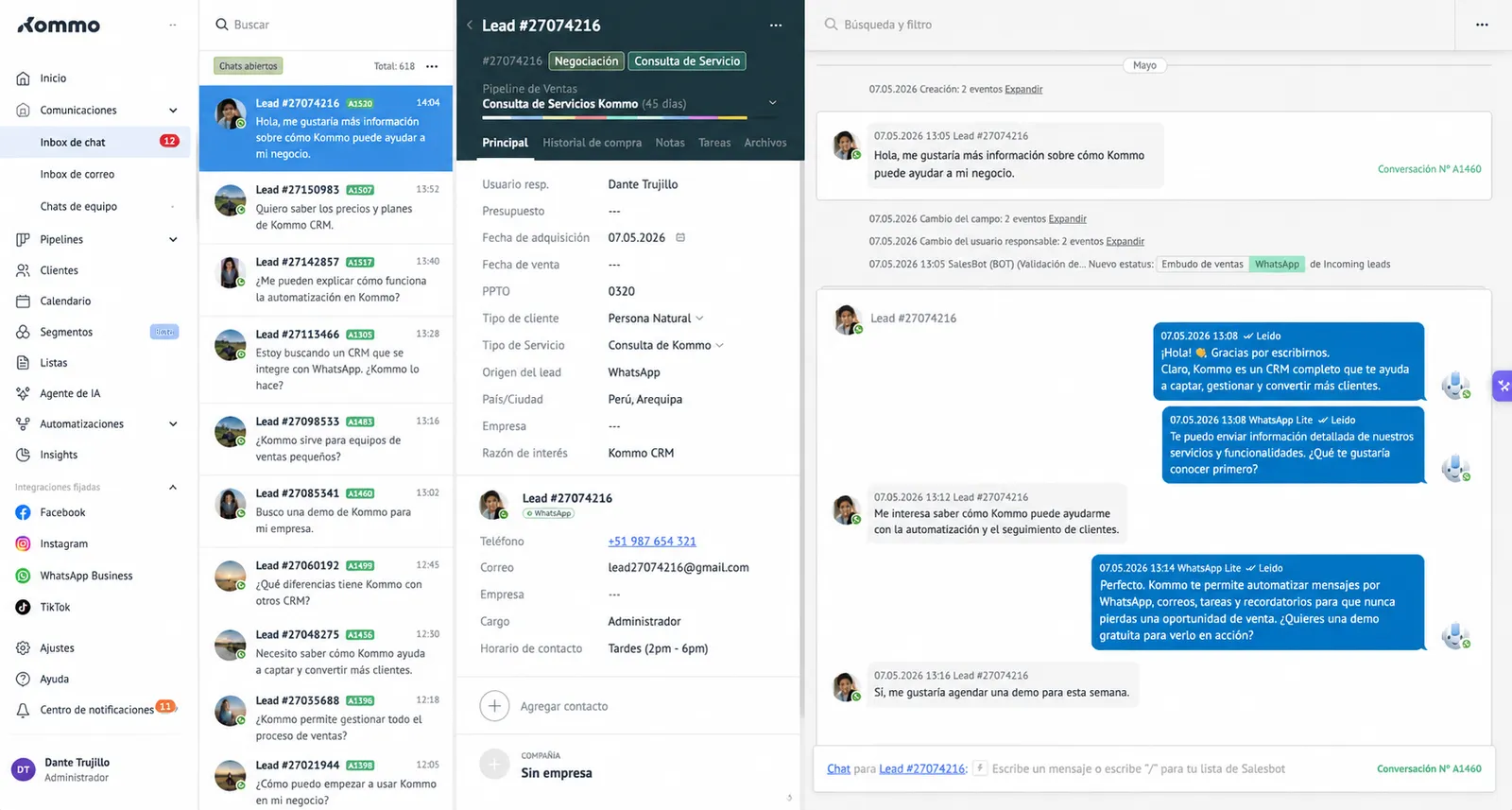 Interfaz de Kommo CRM configurada por Bandu para una empresa